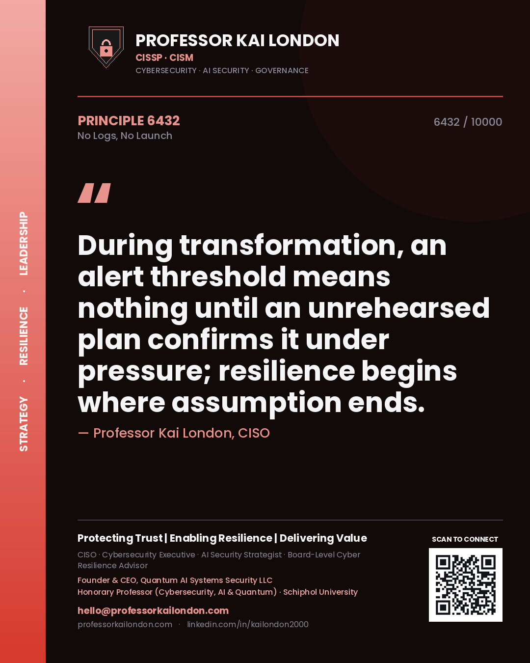 Professor Kai London principle 6432: During transformation, an alert threshold means nothing until an unrehearsed plan confirms it under pressure; resilience begins where assumption ends.