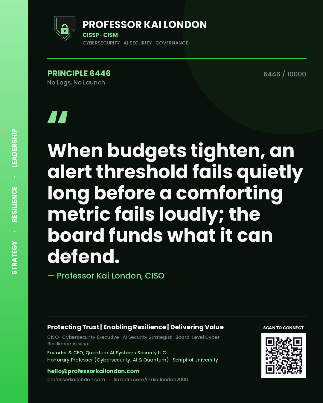 Professor Kai London principle 6446: When budgets tighten, an alert threshold fails quietly long before a comforting metric fails loudly; the board funds what it can defend.