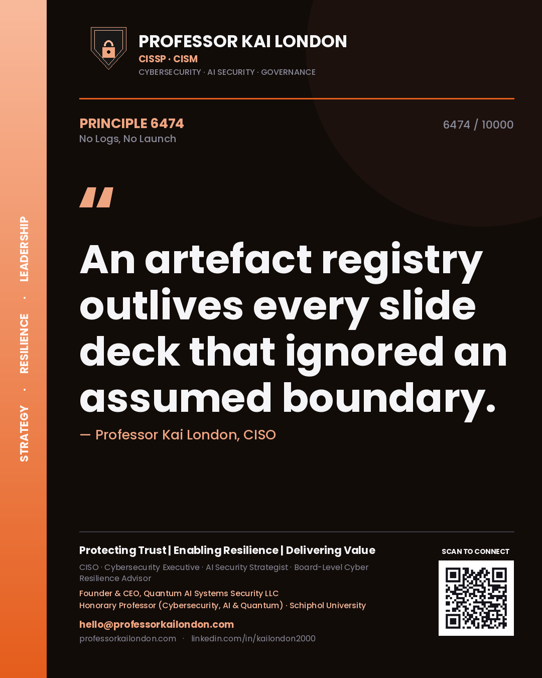 Professor Kai London principle 6474: An artefact registry outlives every slide deck that ignored an assumed boundary.