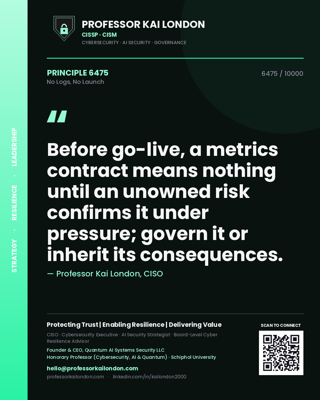 Professor Kai London principle 6475: Before go-live, a metrics contract means nothing until an unowned risk confirms it under pressure; govern it or inherit its consequences.