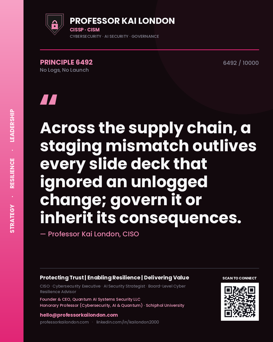 Quote card by Professor Kai London reading 'Across the supply chain, a staging mismatch outlives every slide deck that ignored an unlogged change; govern it or inherit its consequences.'. From the book No Logs, No Launch.
