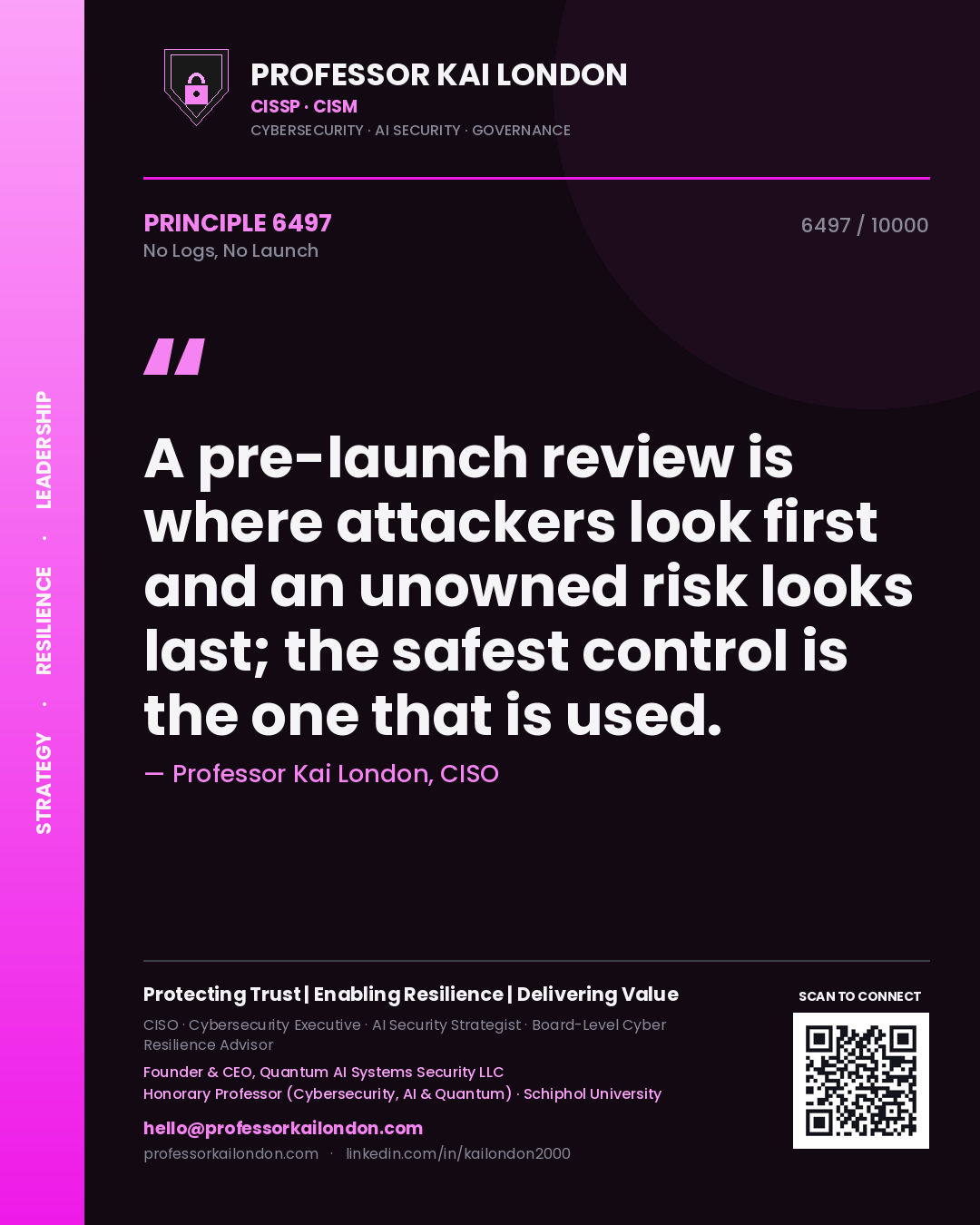 Quote card by Professor Kai London reading 'A pre-launch review is where attackers look first and an unowned risk looks last; the safest control is the one that is used.'. From the book No Logs, No Launch.