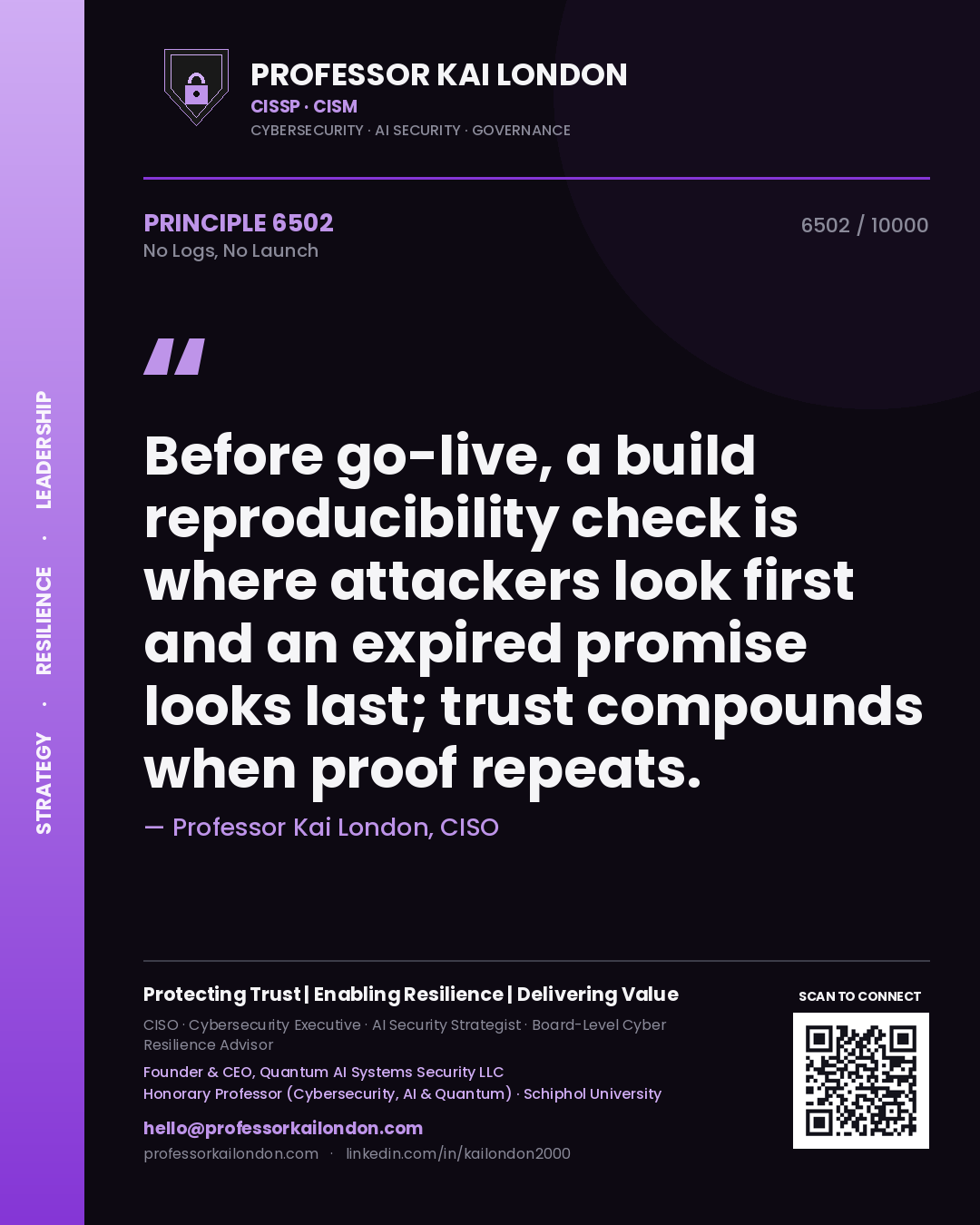 Professor Kai London principle 6502: Before go-live, a build reproducibility check is where attackers look first and an expired promise looks last; trust compounds when proof repeats.