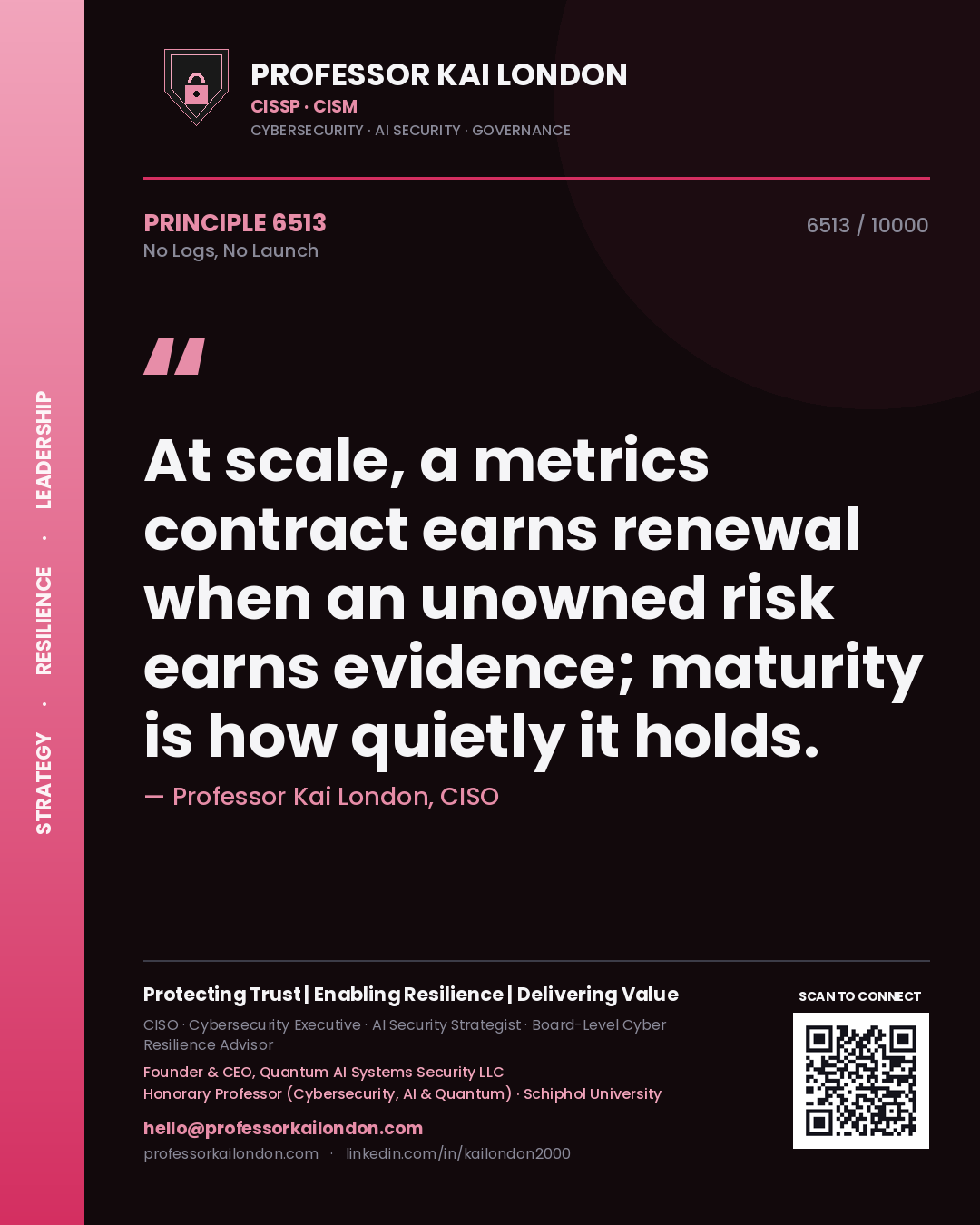 Professor Kai London principle 6513: At scale, a metrics contract earns renewal when an unowned risk earns evidence; maturity is how quietly it holds.