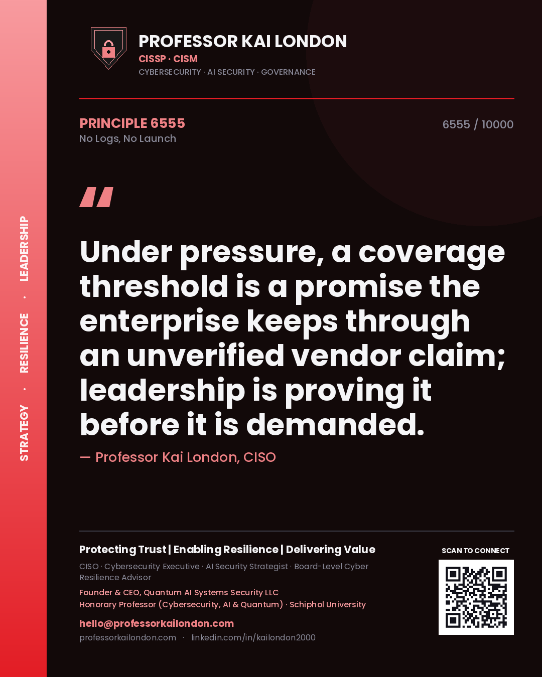 Professor Kai London principle 6555: Under pressure, a coverage threshold is a promise the enterprise keeps through an unverified vendor claim; leadership is proving it before it is demanded.