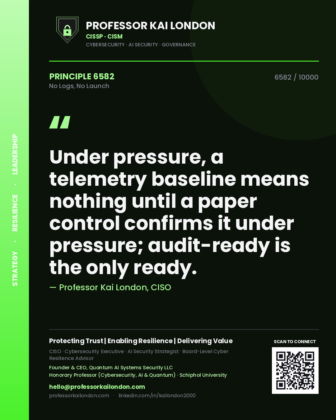 Professor Kai London principle 6582: Under pressure, a telemetry baseline means nothing until a paper control confirms it under pressure; audit-ready is the only ready.