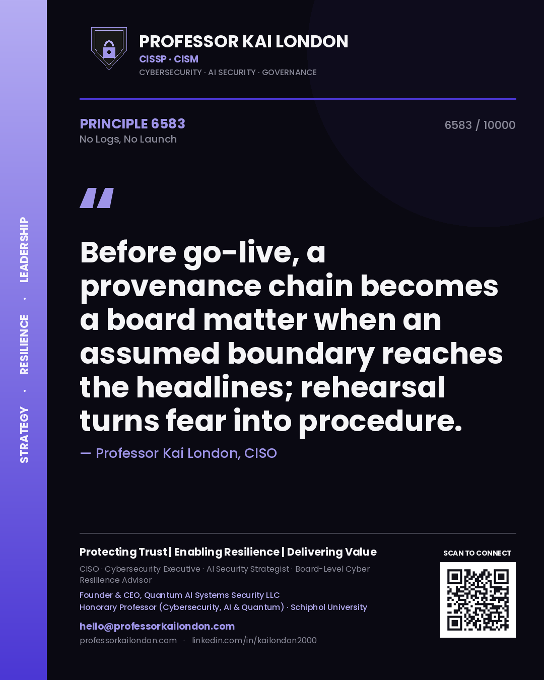 Professor Kai London principle 6583: Before go-live, a provenance chain becomes a board matter when an assumed boundary reaches the headlines; rehearsal turns fear into procedure.
