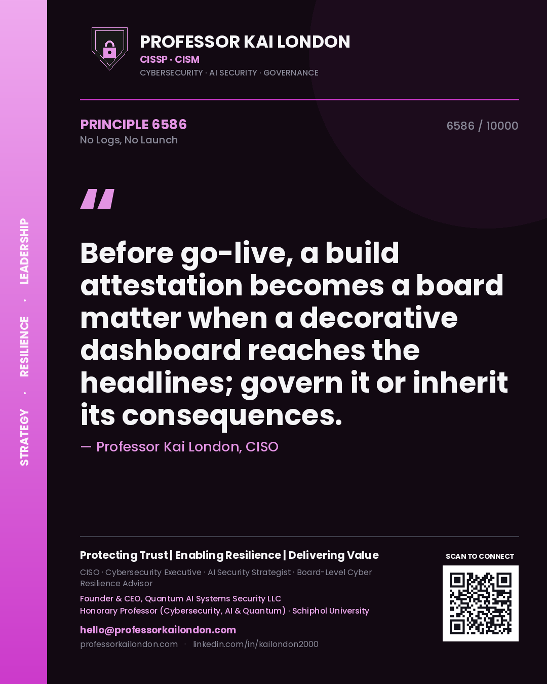 Professor Kai London principle 6586: Before go-live, a build attestation becomes a board matter when a decorative dashboard reaches the headlines; govern it or inherit its consequences.
