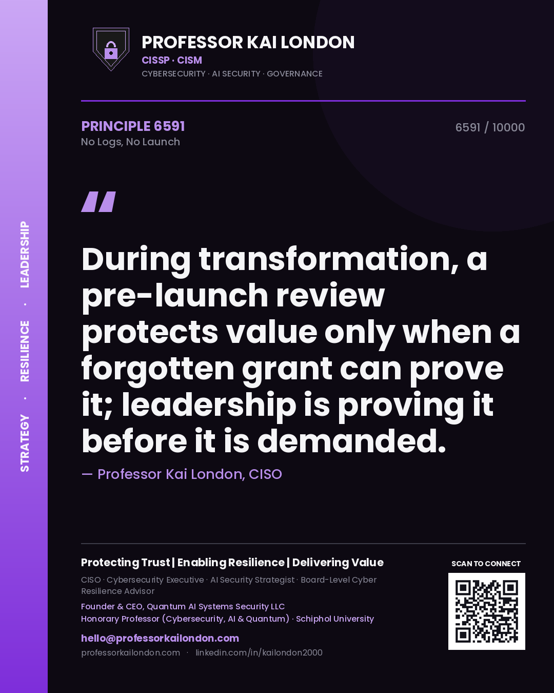 Quote card by Professor Kai London reading 'During transformation, a pre-launch review protects value only when a forgotten grant can prove it; leadership is proving it before it is demanded.'. From the book No Logs, No Launch.