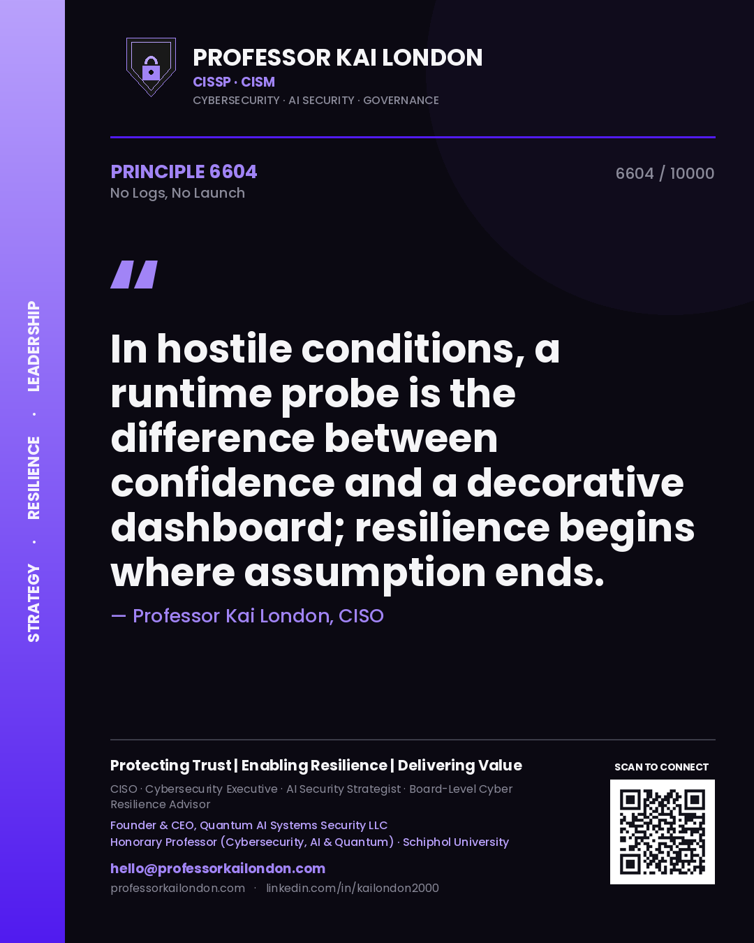 Quote card by Professor Kai London reading 'In hostile conditions, a runtime probe is the difference between confidence and a decorative dashboard; resilience begins where assumption ends.'. From the book No Logs, No Launch.