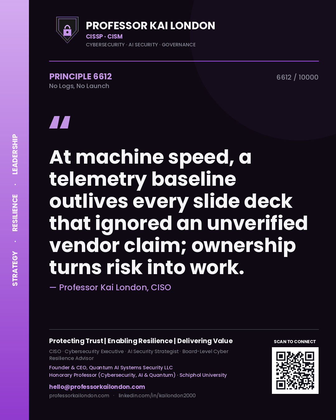 Professor Kai London principle 6612: At machine speed, a telemetry baseline outlives every slide deck that ignored an unverified vendor claim; ownership turns risk into work.