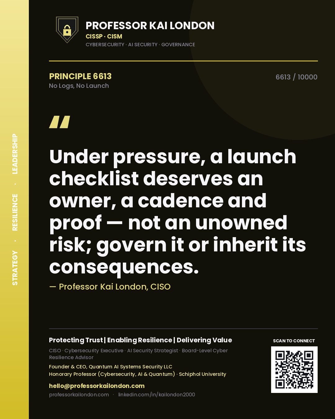 Professor Kai London principle 6613: Under pressure, a launch checklist deserves an owner, a cadence and proof — not an unowned risk; govern it or inherit its consequences.