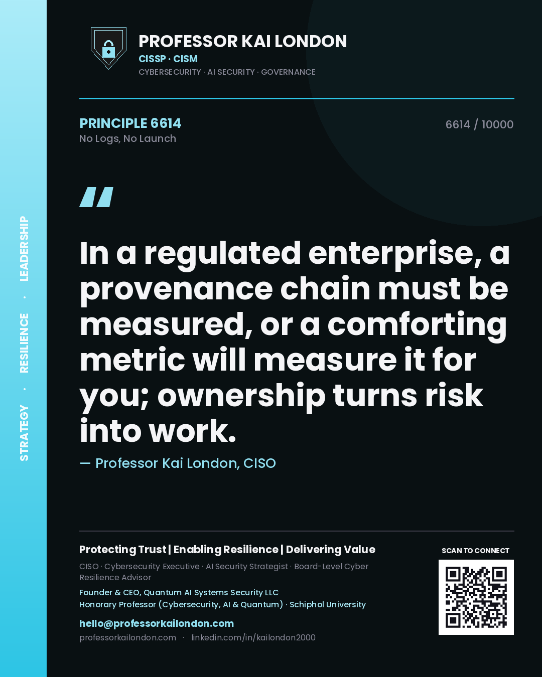 Professor Kai London principle 6614: In a regulated enterprise, a provenance chain must be measured, or a comforting metric will measure it for you; ownership turns risk into work.
