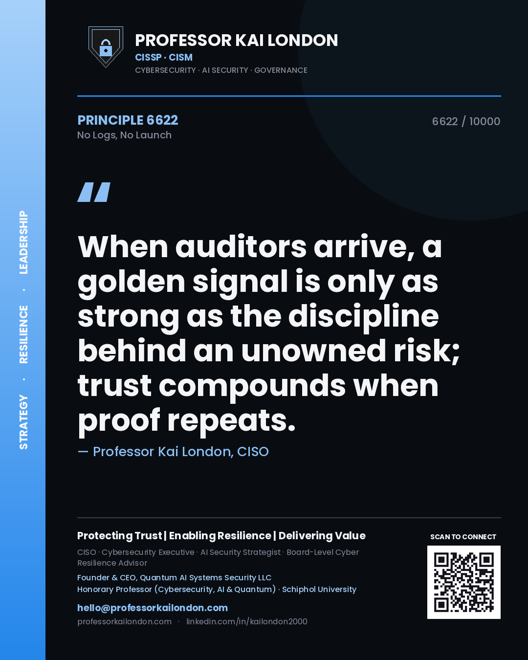 Quote card by Professor Kai London reading 'When auditors arrive, a golden signal is only as strong as the discipline behind an unowned risk; trust compounds when proof repeats.'. From the book No Logs, No Launch.