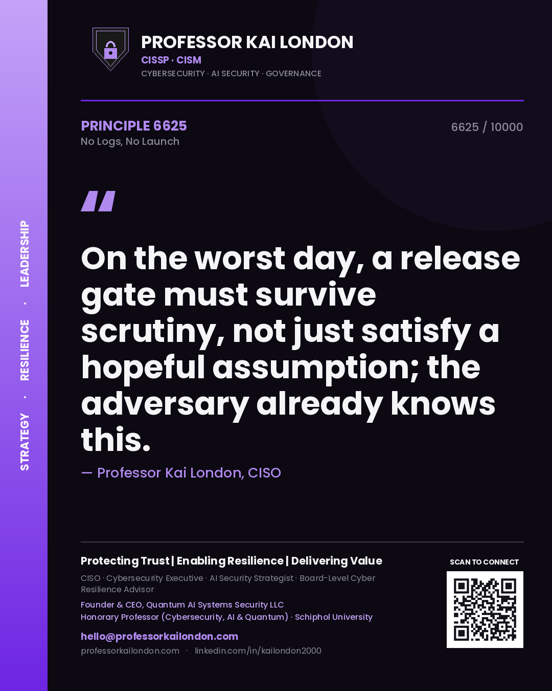 Professor Kai London principle 6625: On the worst day, a release gate must survive scrutiny, not just satisfy a hopeful assumption; the adversary already knows this.
