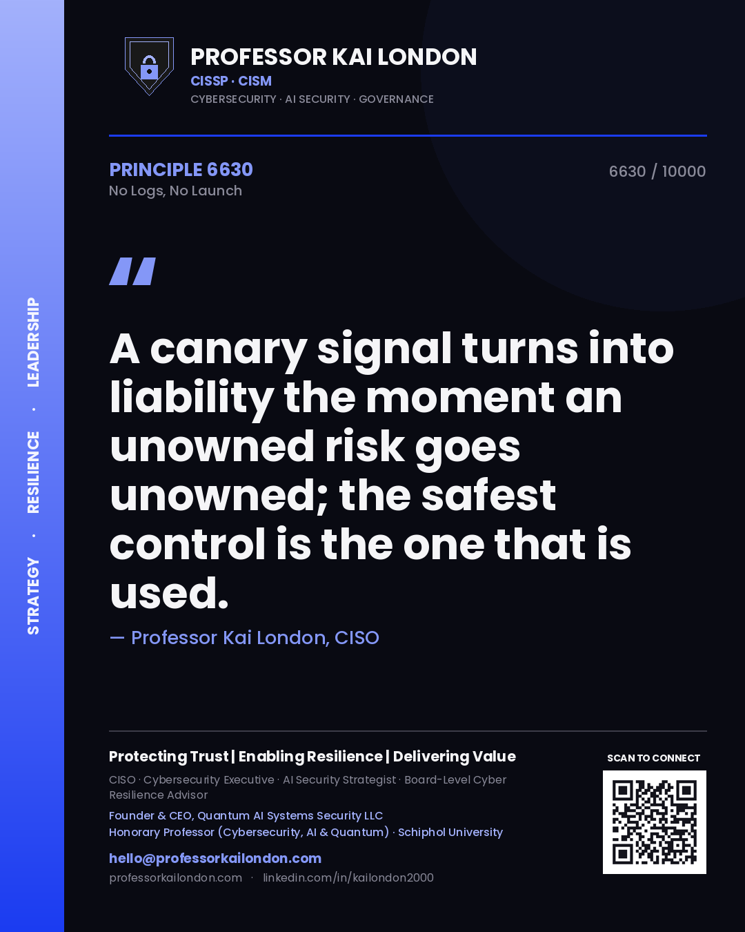 Quote card by Professor Kai London reading 'A canary signal turns into liability the moment an unowned risk goes unowned; the safest control is the one that is used.'. From the book No Logs, No Launch.
