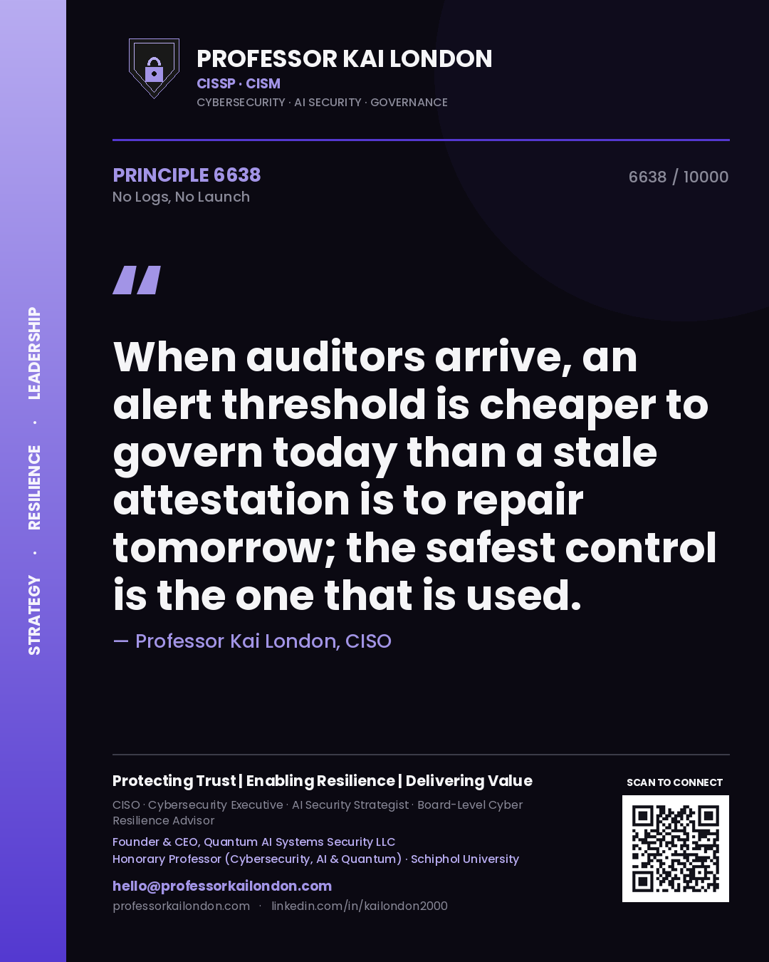 Professor Kai London principle 6638: When auditors arrive, an alert threshold is cheaper to govern today than a stale attestation is to repair tomorrow; the safest control is the one that is used.