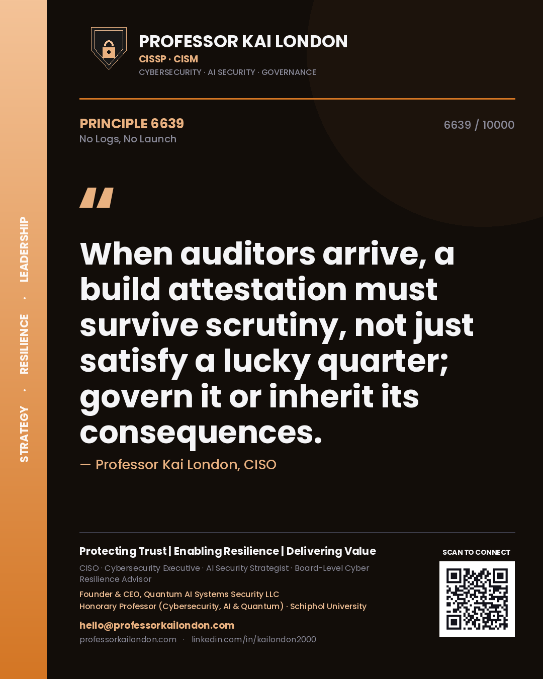 Professor Kai London principle 6639: When auditors arrive, a build attestation must survive scrutiny, not just satisfy a lucky quarter; govern it or inherit its consequences.