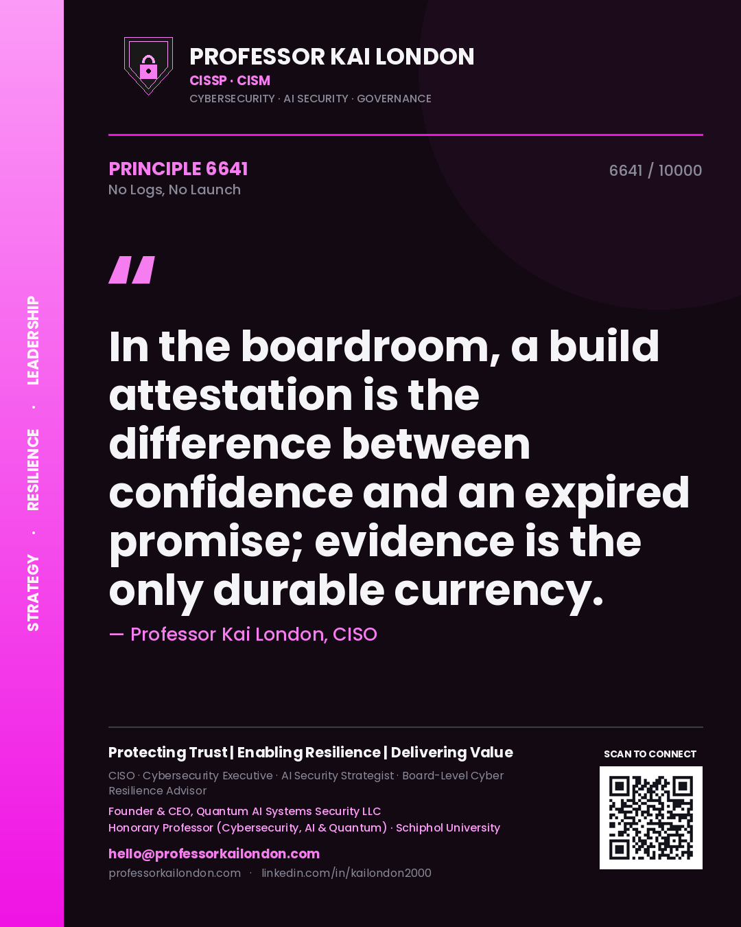 Professor Kai London principle 6641: In the boardroom, a build attestation is the difference between confidence and an expired promise; evidence is the only durable currency.