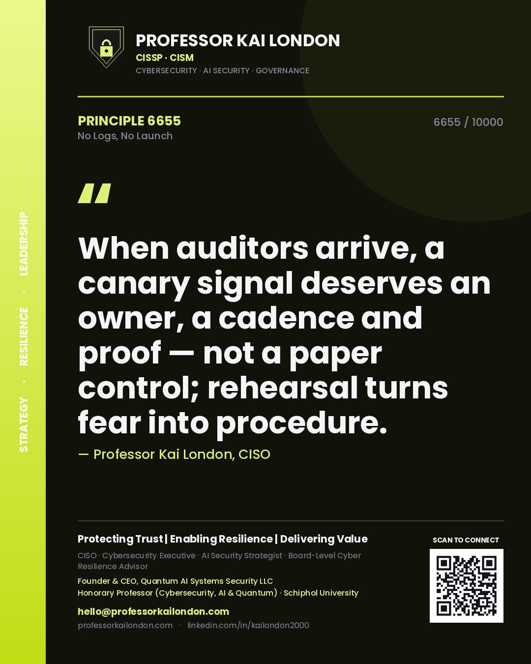 Quote card by Professor Kai London reading 'When auditors arrive, a canary signal deserves an owner, a cadence and proof — not a paper control; rehearsal turns fear into procedure.'. From the book No Logs, No Launch.