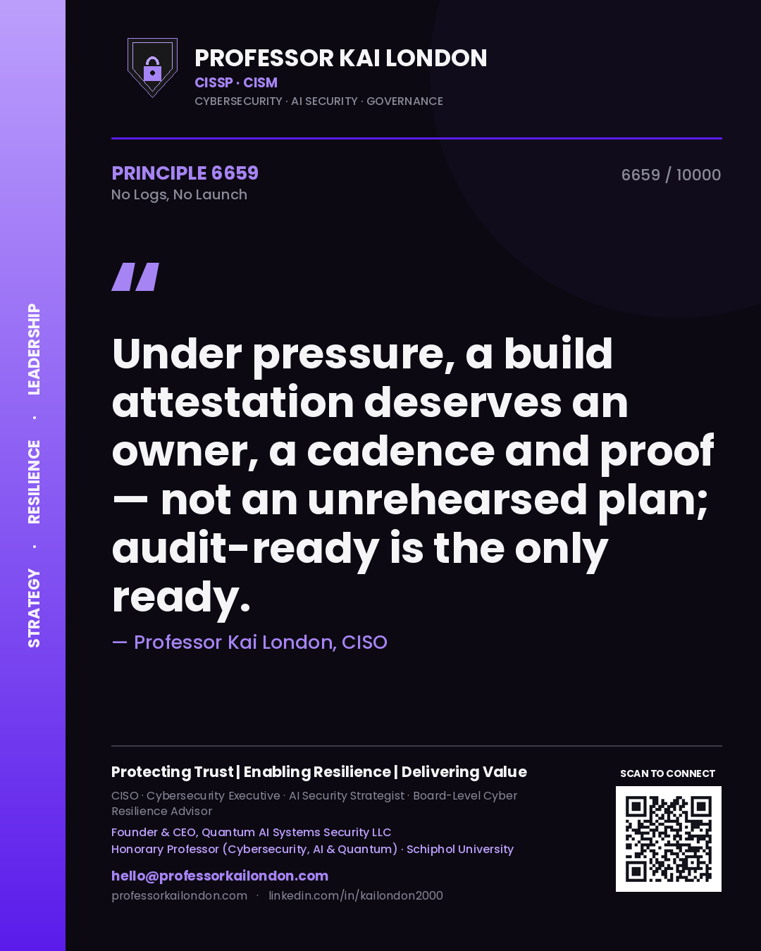 Professor Kai London principle 6659: Under pressure, a build attestation deserves an owner, a cadence and proof — not an unrehearsed plan; audit-ready is the only ready.