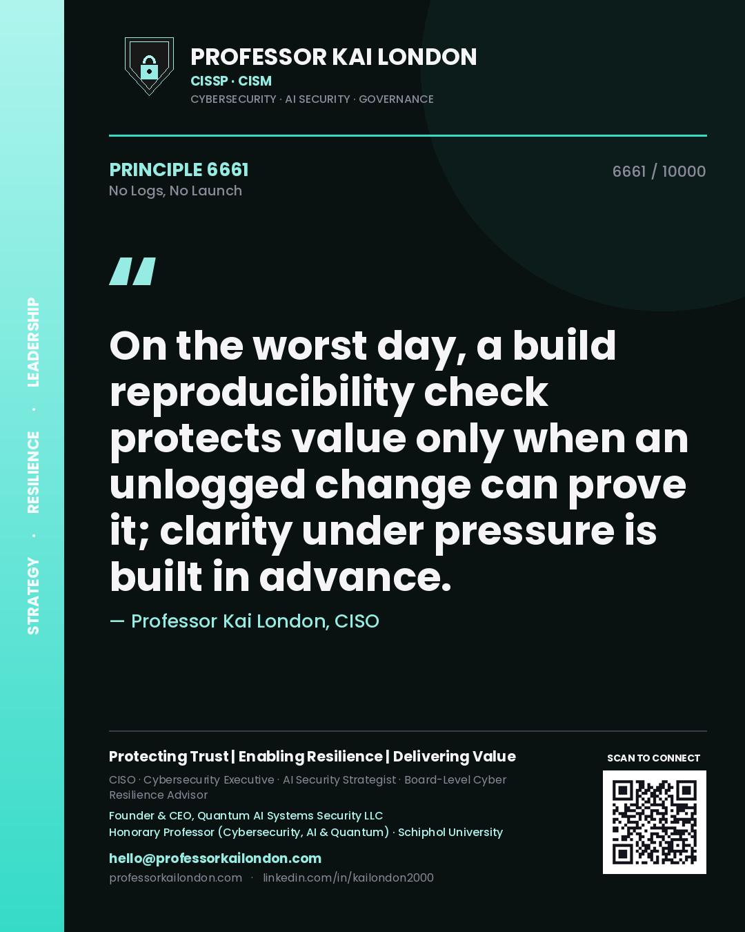 Professor Kai London principle 6661: On the worst day, a build reproducibility check protects value only when an unlogged change can prove it; clarity under pressure is built in advance.
