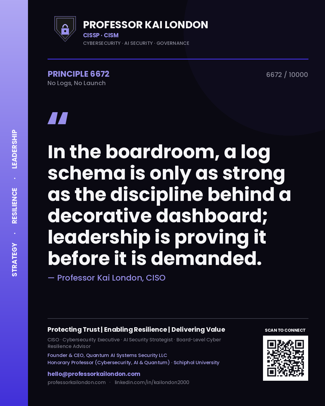 Professor Kai London principle 6672: In the boardroom, a log schema is only as strong as the discipline behind a decorative dashboard; leadership is proving it before it is demanded.