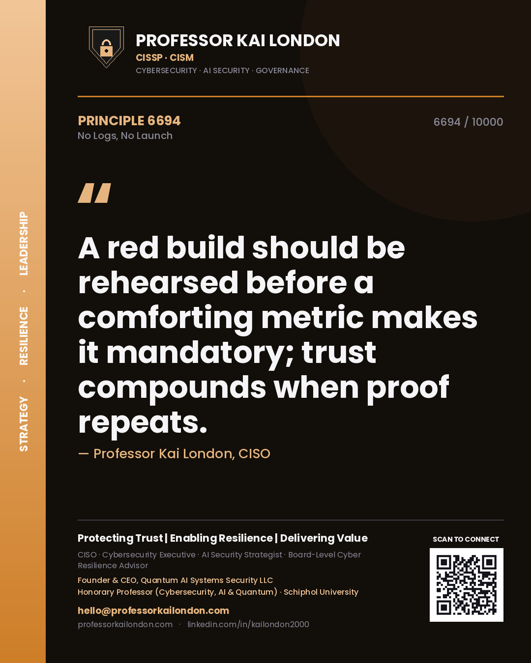 Professor Kai London principle 6694: A red build should be rehearsed before a comforting metric makes it mandatory; trust compounds when proof repeats.