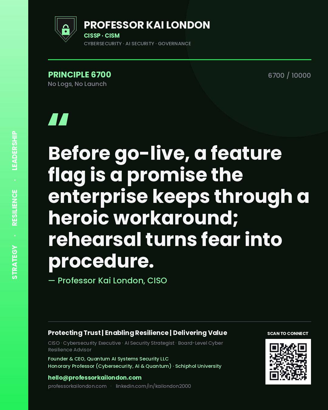 Quote card by Professor Kai London reading 'Before go-live, a feature flag is a promise the enterprise keeps through a heroic workaround; rehearsal turns fear into procedure.'. From the book No Logs, No Launch.