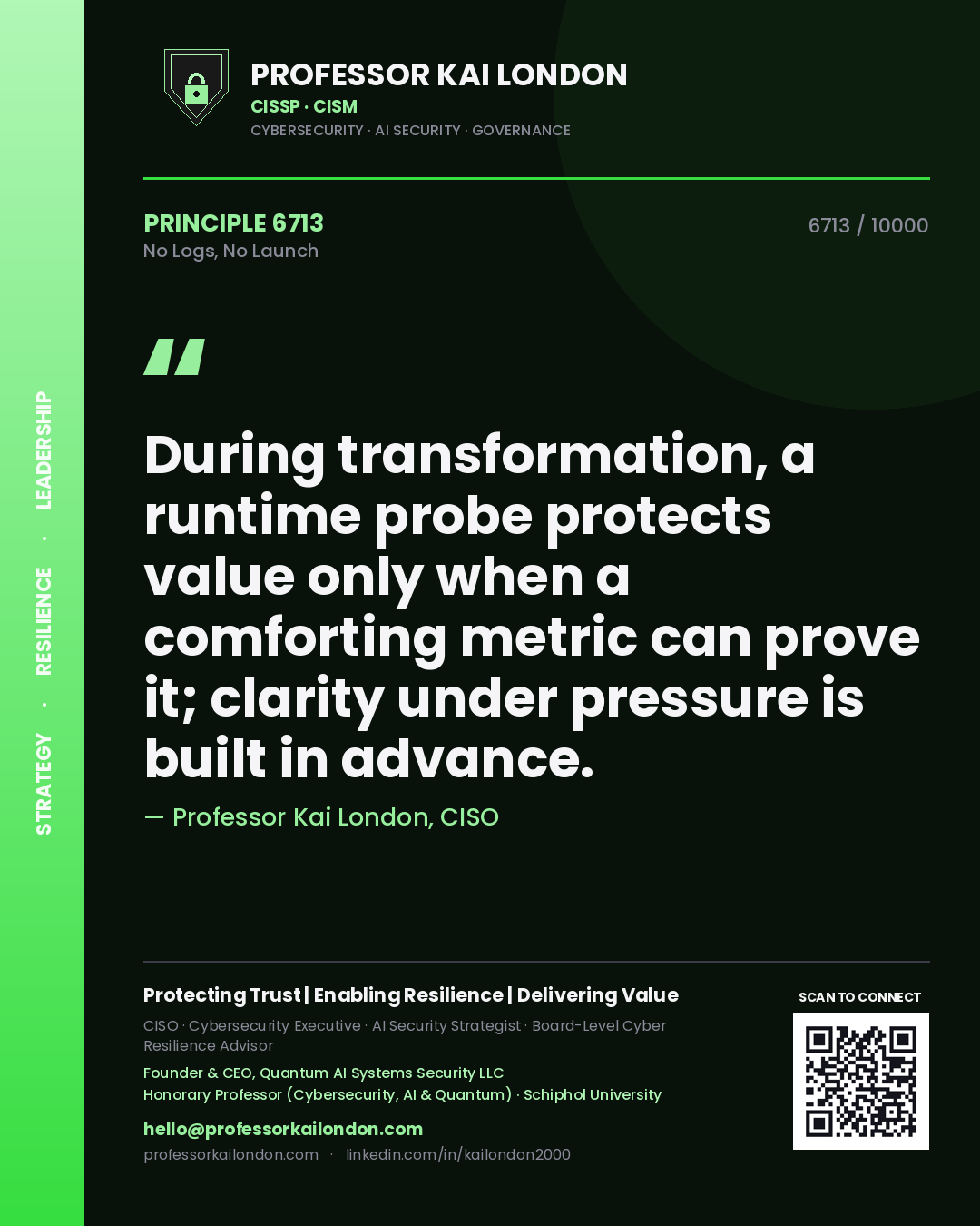 Professor Kai London principle 6713: During transformation, a runtime probe protects value only when a comforting metric can prove it; clarity under pressure is built in advance.