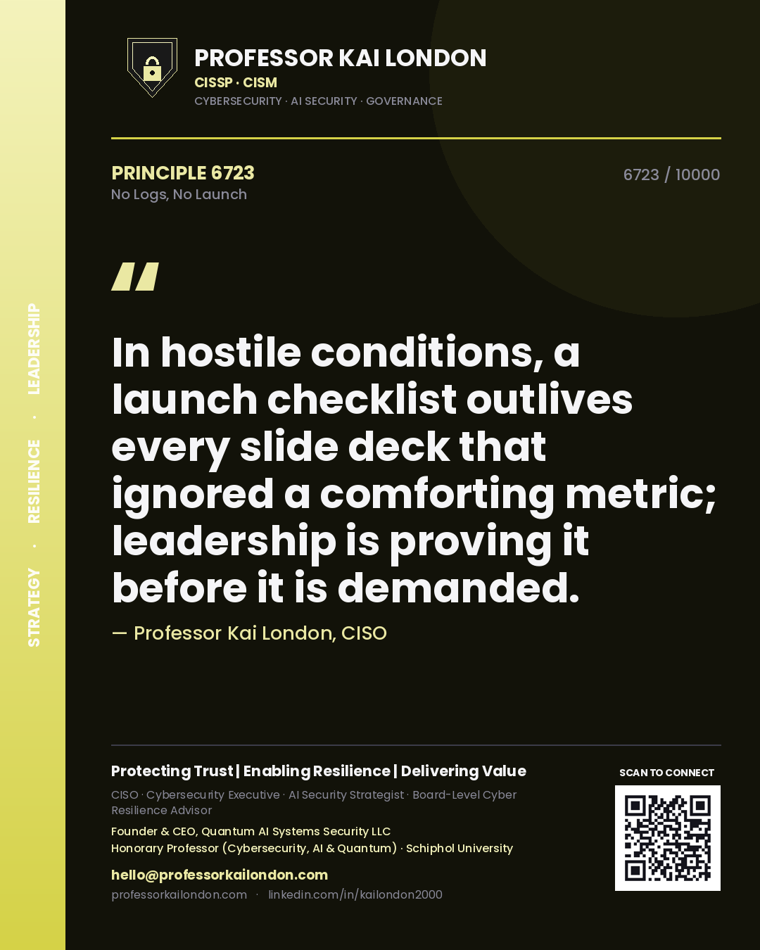 Quote card by Professor Kai London reading 'In hostile conditions, a launch checklist outlives every slide deck that ignored a comforting metric; leadership is proving it before it is demanded.'. From the book No Logs, No Launch.