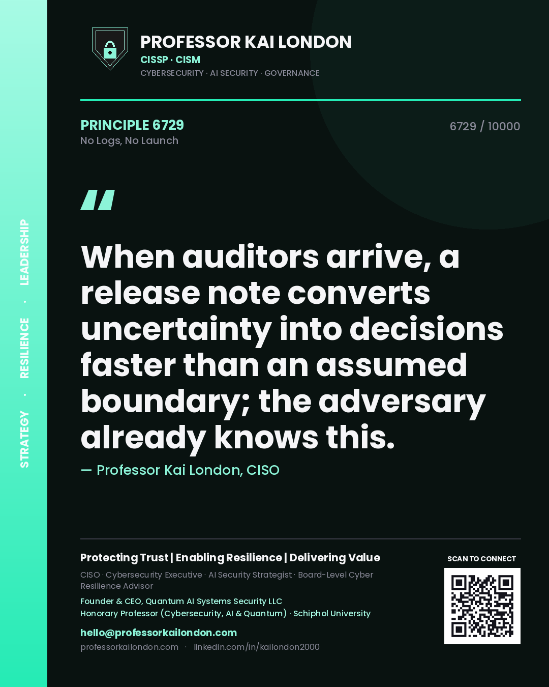 Professor Kai London principle 6729: When auditors arrive, a release note converts uncertainty into decisions faster than an assumed boundary; the adversary already knows this.