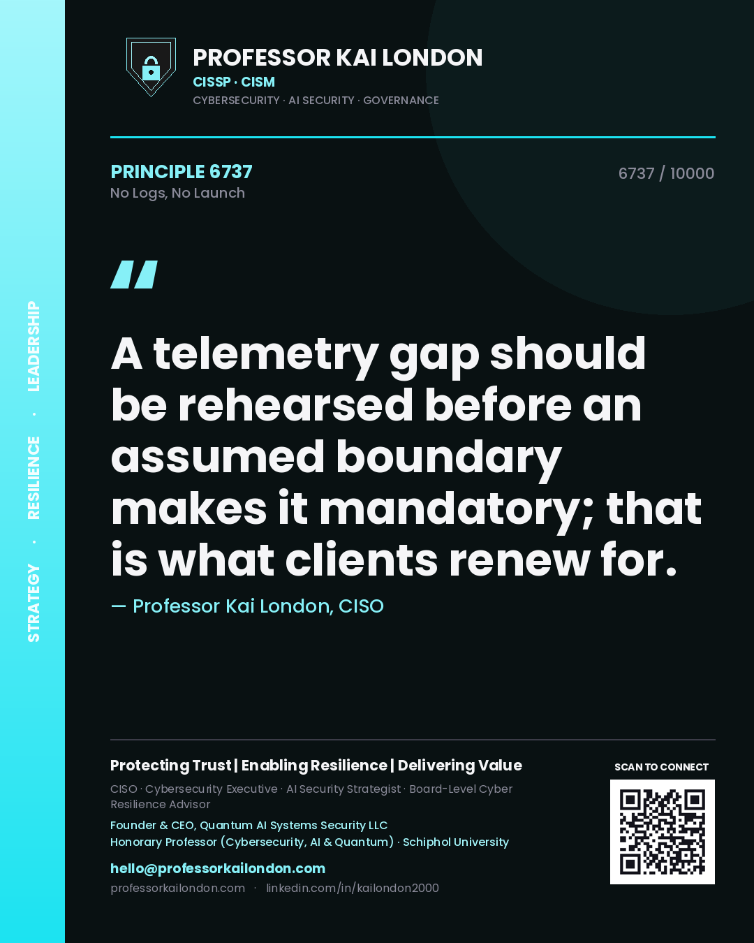 Professor Kai London principle 6737: A telemetry gap should be rehearsed before an assumed boundary makes it mandatory; that is what clients renew for.