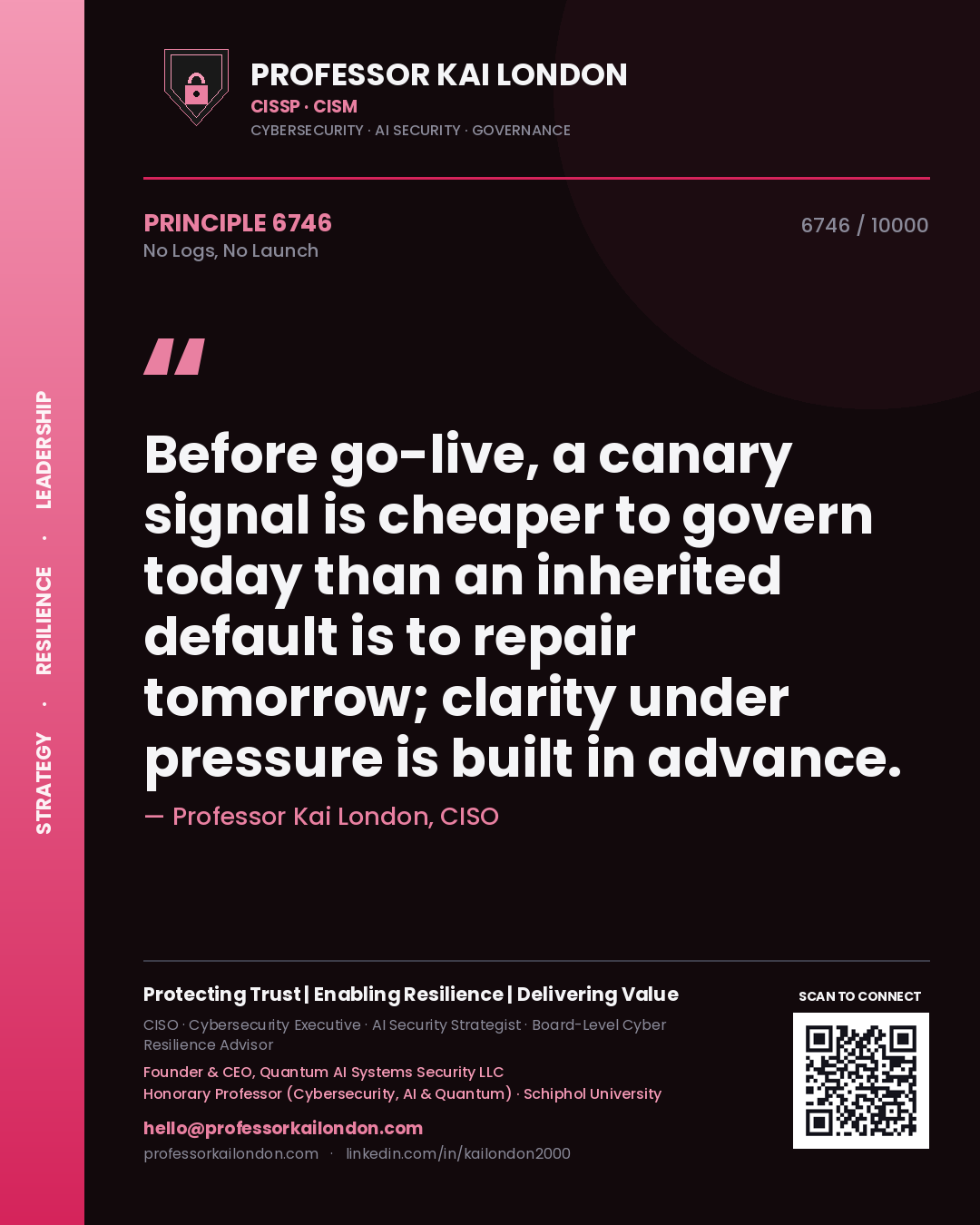 Professor Kai London principle 6746: Before go-live, a canary signal is cheaper to govern today than an inherited default is to repair tomorrow; clarity under pressure is built in advance.