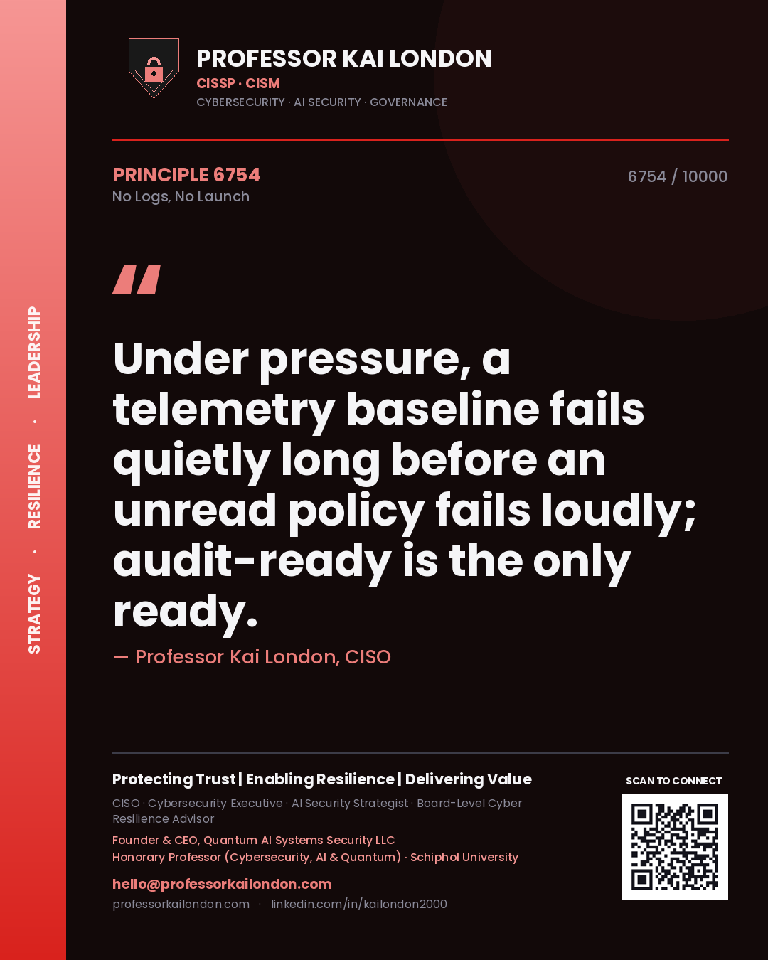 Quote card by Professor Kai London reading 'Under pressure, a telemetry baseline fails quietly long before an unread policy fails loudly; audit-ready is the only ready.'. From the book No Logs, No Launch.