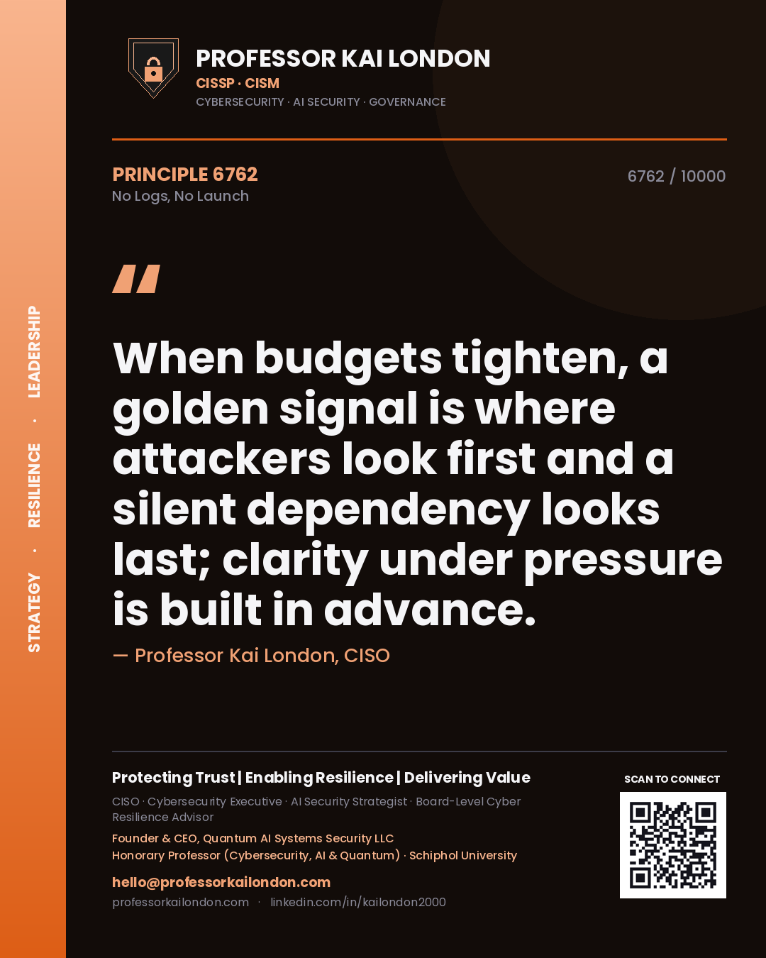 Professor Kai London principle 6762: When budgets tighten, a golden signal is where attackers look first and a silent dependency looks last; clarity under pressure is built in advance.