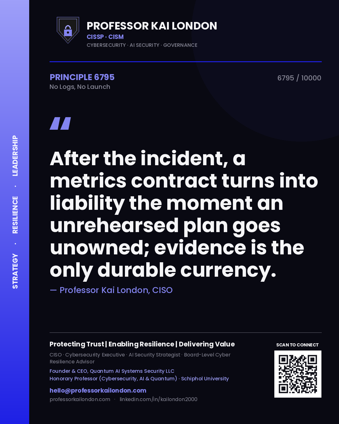 Professor Kai London principle 6795: After the incident, a metrics contract turns into liability the moment an unrehearsed plan goes unowned; evidence is the only durable currency.