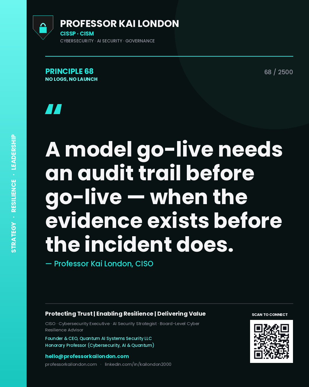 Quote card by Professor Kai London reading 'A model go-live needs an audit trail before go-live — when the evidence exists before the incident does.'. From the book No Logs, No Launch.