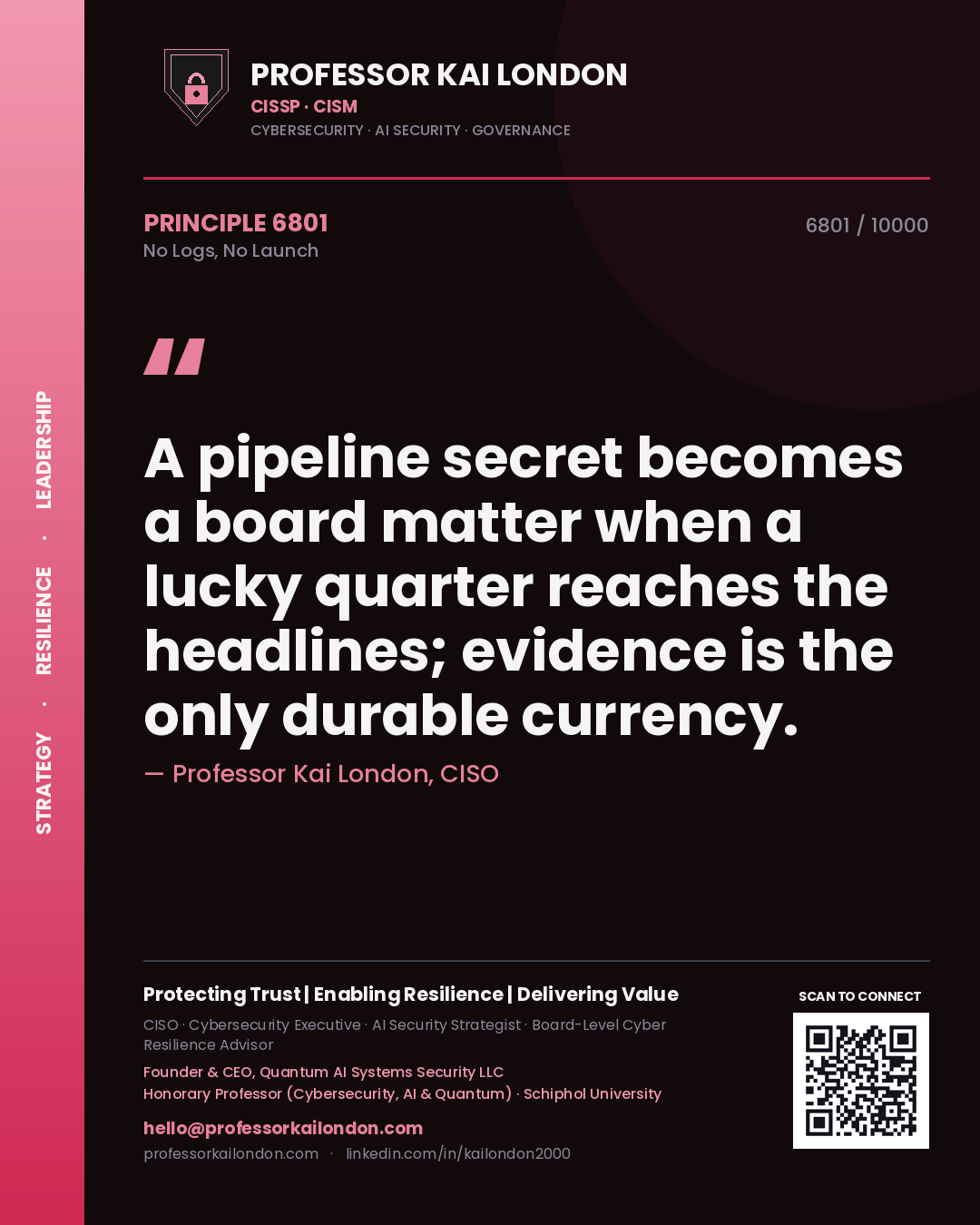 Quote card by Professor Kai London reading 'A pipeline secret becomes a board matter when a lucky quarter reaches the headlines; evidence is the only durable currency.'. From the book No Logs, No Launch.
