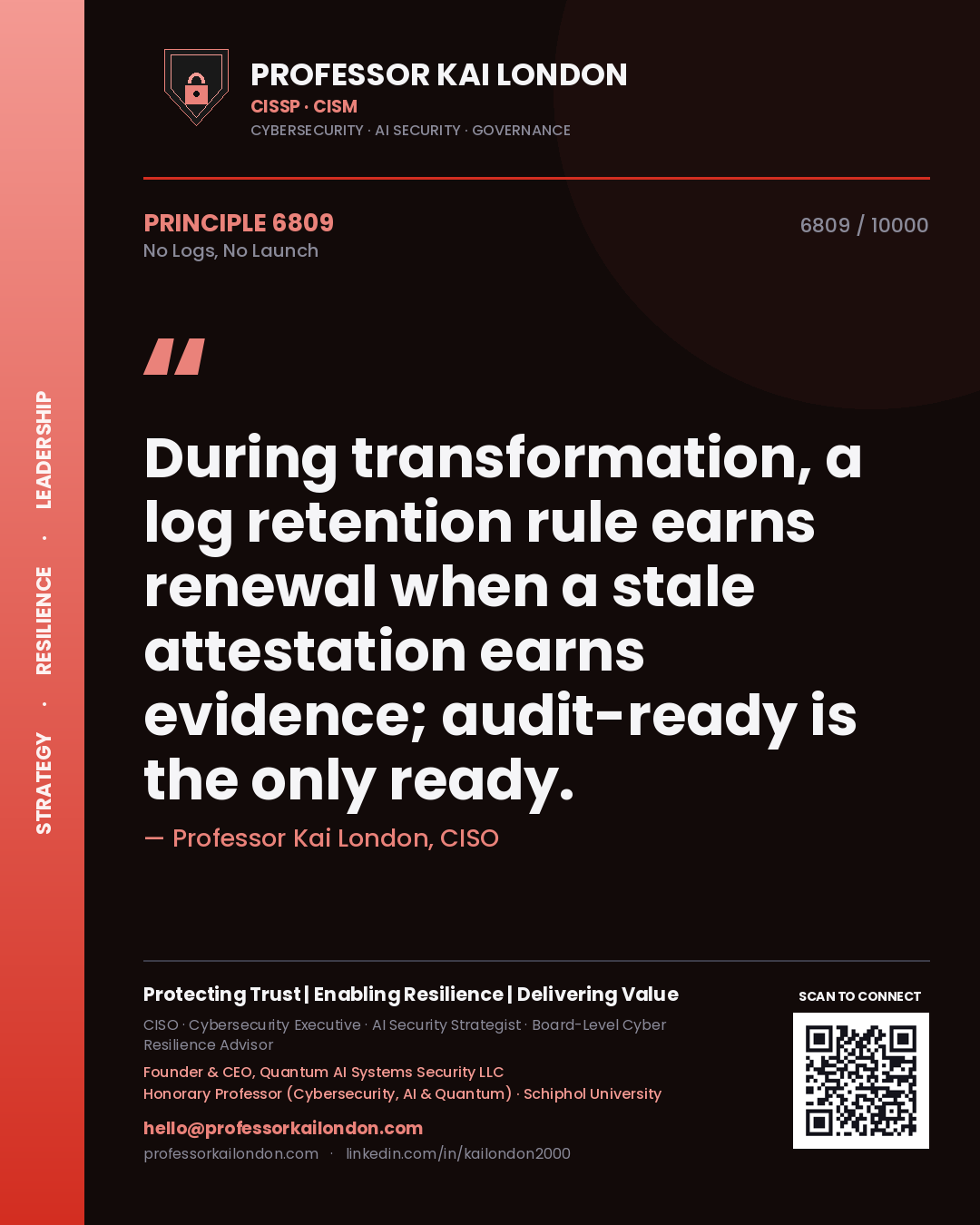 Professor Kai London principle 6809: During transformation, a log retention rule earns renewal when a stale attestation earns evidence; audit-ready is the only ready.