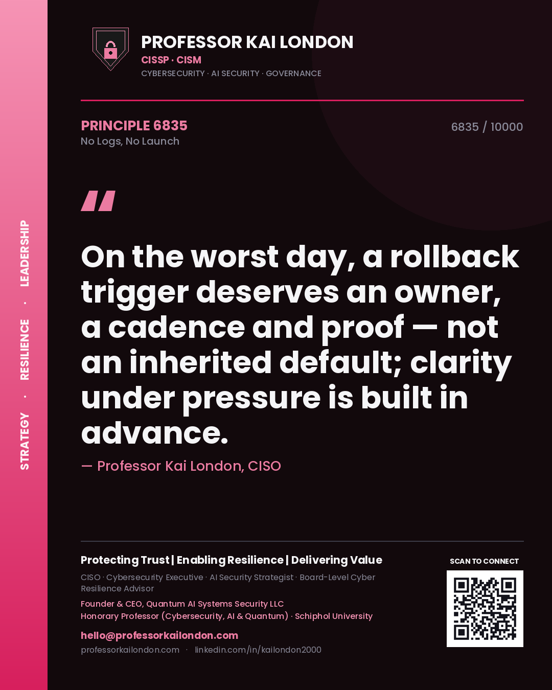 Professor Kai London principle 6835: On the worst day, a rollback trigger deserves an owner, a cadence and proof — not an inherited default; clarity under pressure is built in advance.