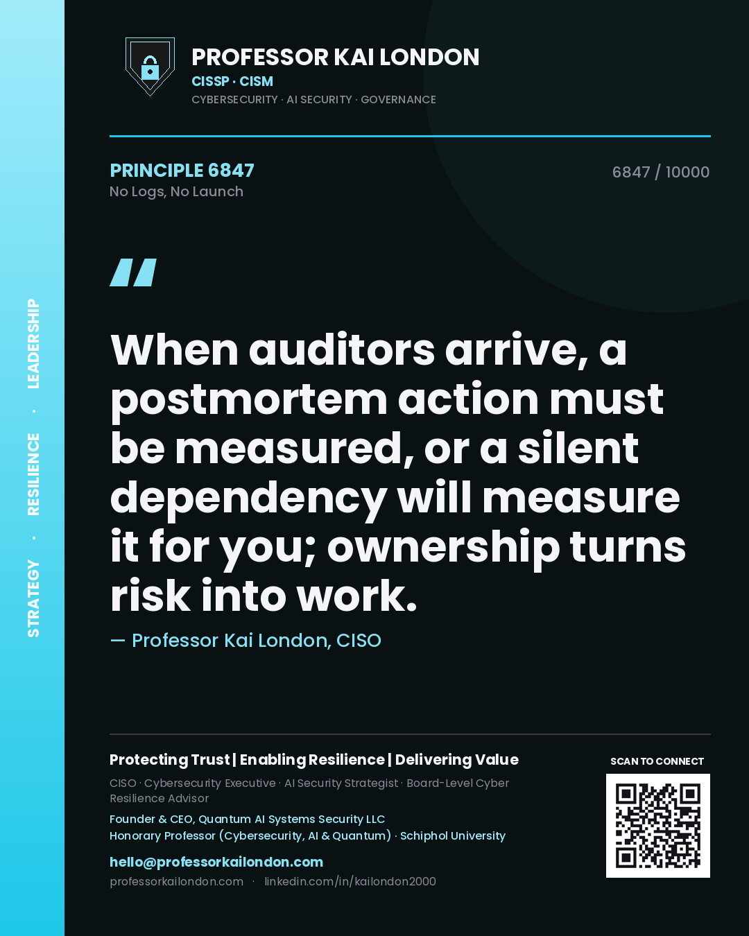 Quote card by Professor Kai London reading 'When auditors arrive, a postmortem action must be measured, or a silent dependency will measure it for you; ownership turns risk into work.'. From the book No Logs, No Launch.