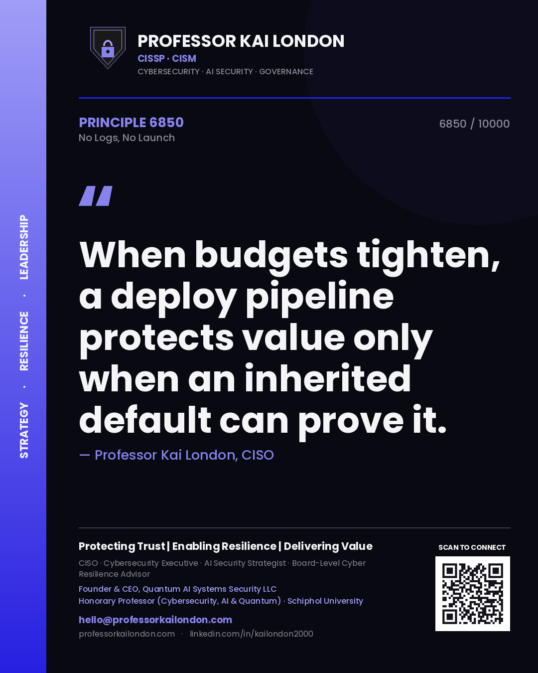 Professor Kai London principle 6850: When budgets tighten, a deploy pipeline protects value only when an inherited default can prove it.