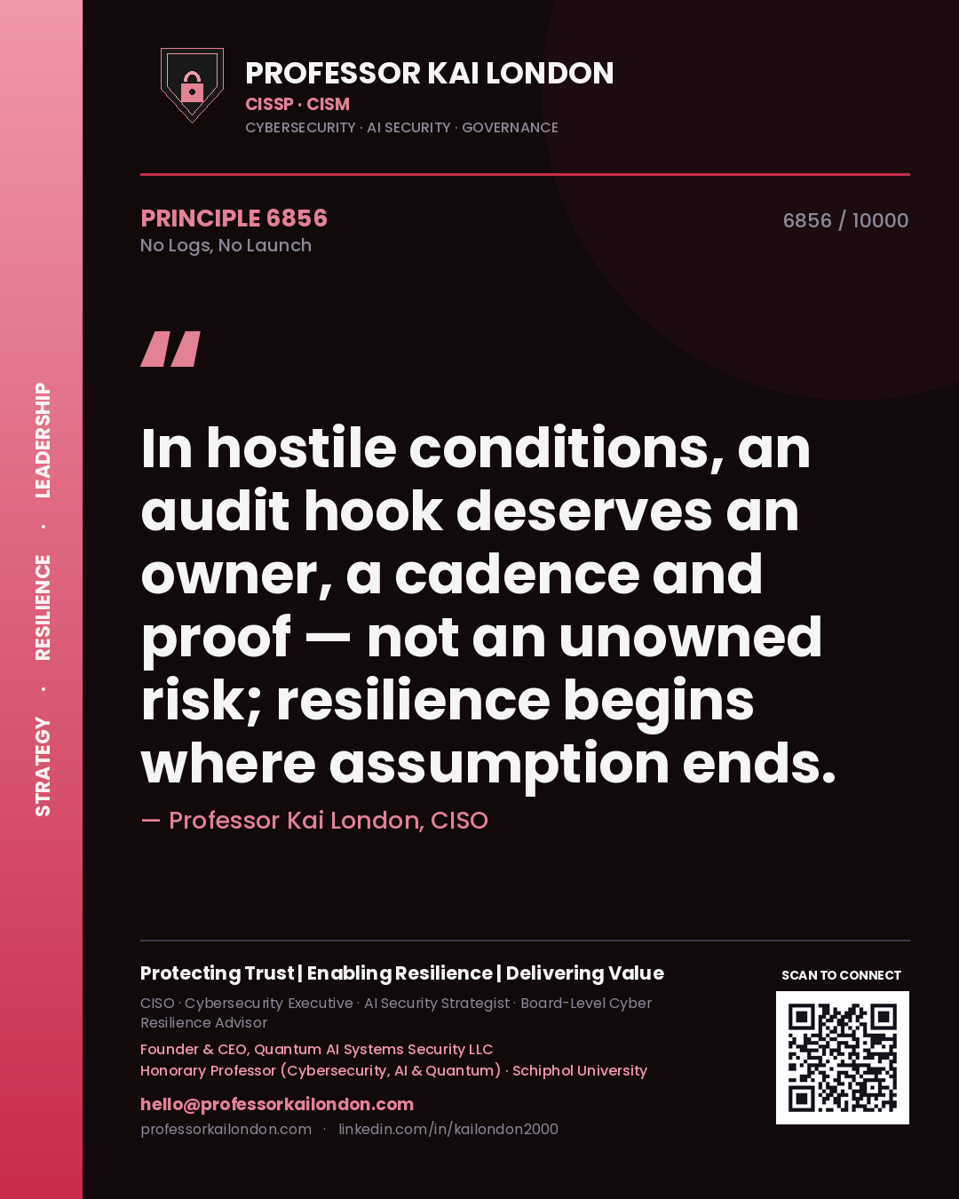 Professor Kai London principle 6856: In hostile conditions, an audit hook deserves an owner, a cadence and proof — not an unowned risk; resilience begins where assumption ends.