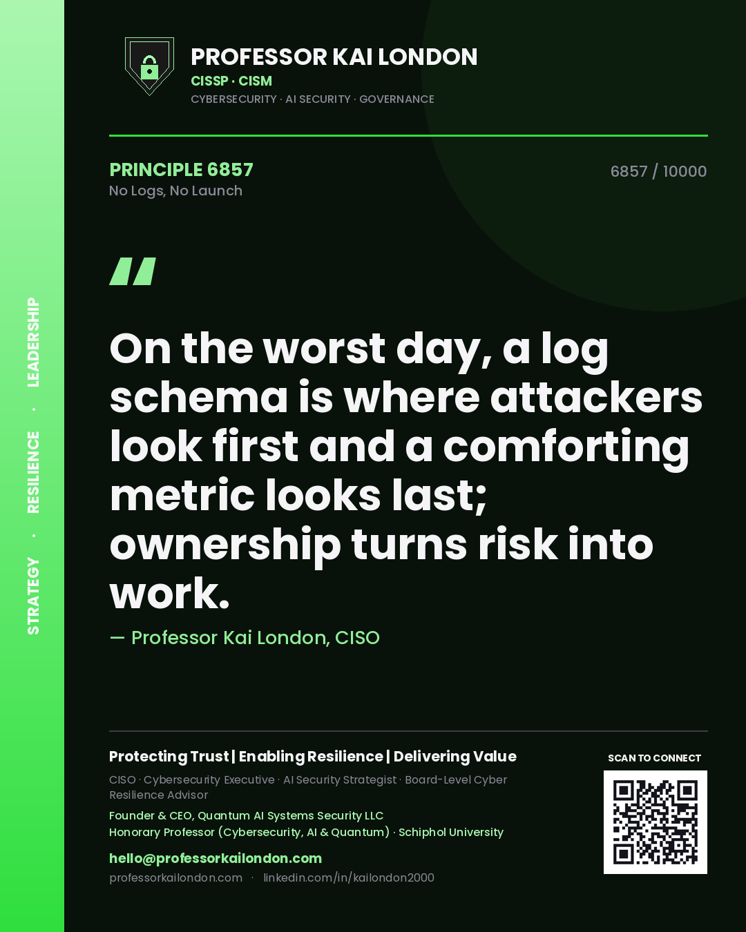 Quote card by Professor Kai London reading 'On the worst day, a log schema is where attackers look first and a comforting metric looks last; ownership turns risk into work.'. From the book No Logs, No Launch.