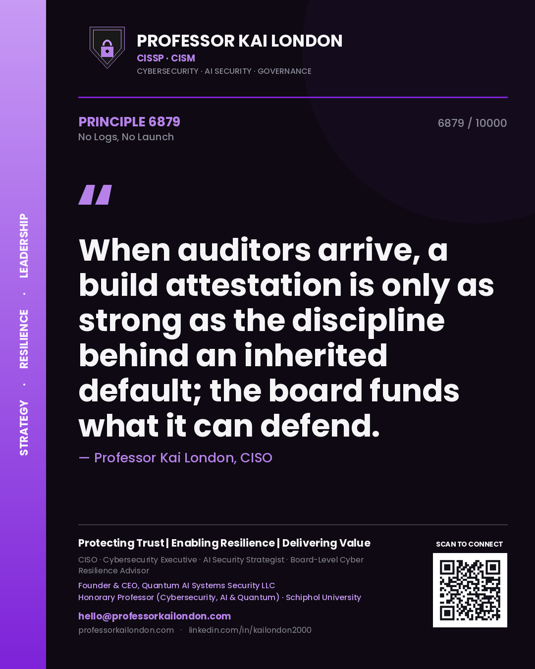 Professor Kai London principle 6879: When auditors arrive, a build attestation is only as strong as the discipline behind an inherited default; the board funds what it can defend.