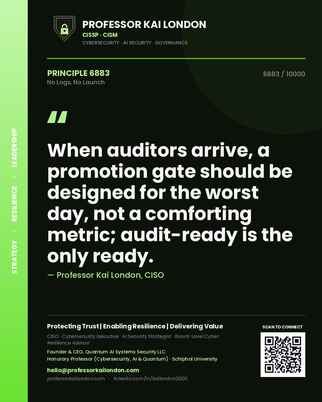 Professor Kai London principle 6883: When auditors arrive, a promotion gate should be designed for the worst day, not a comforting metric; audit-ready is the only ready.
