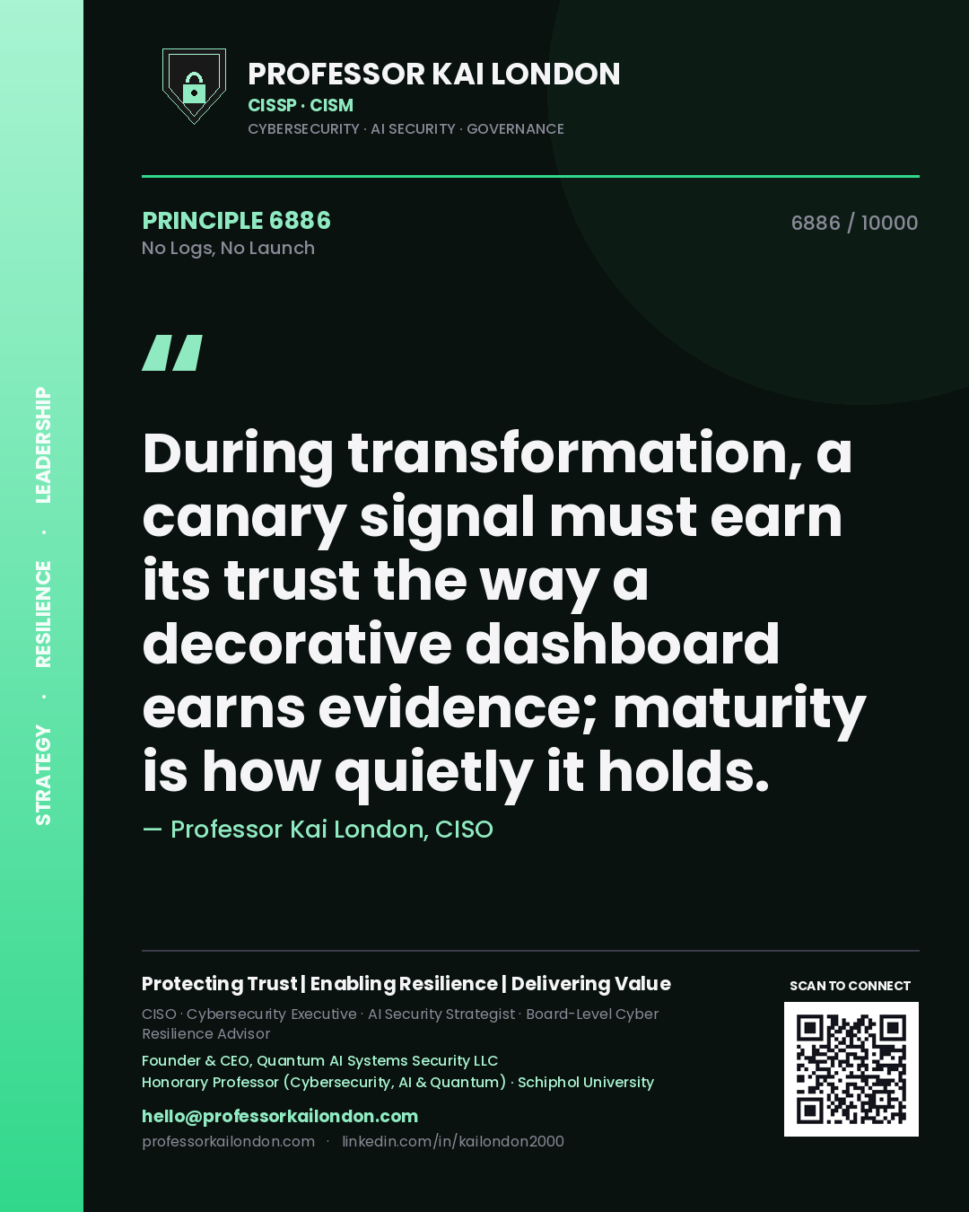 Professor Kai London principle 6886: During transformation, a canary signal must earn its trust the way a decorative dashboard earns evidence; maturity is how quietly it holds.
