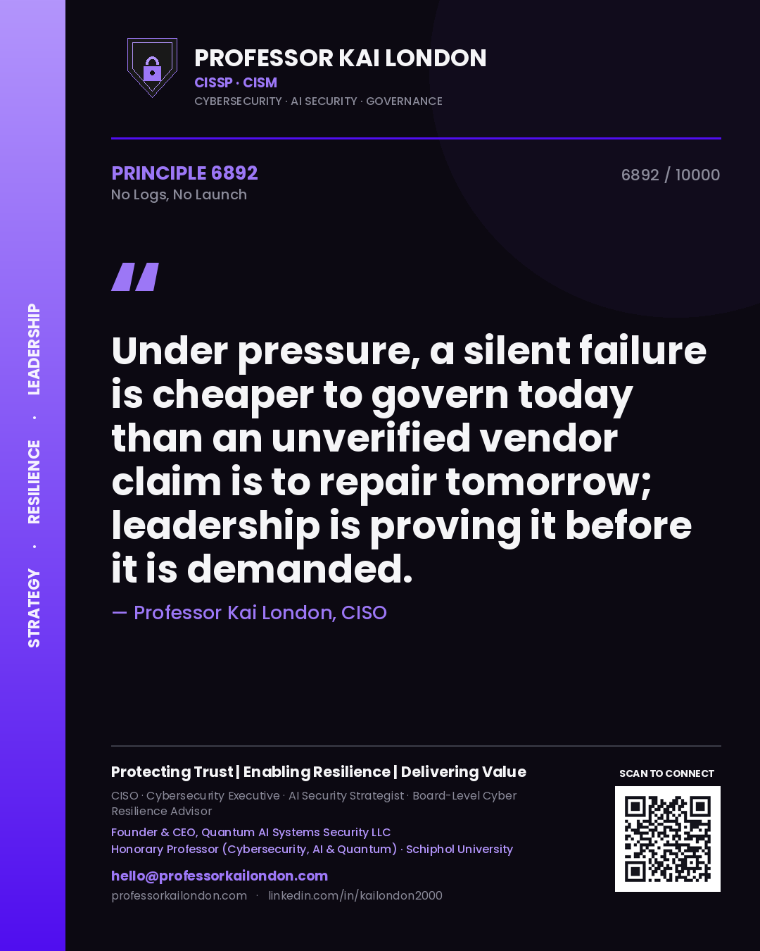 Quote card by Professor Kai London reading 'Under pressure, a silent failure is cheaper to govern today than an unverified vendor claim is to repair tomorrow; leadership is proving it before it is demanded.'. From the book No Logs, No Launch.
