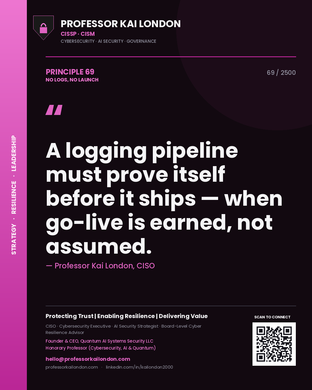 Quote card by Professor Kai London reading 'A logging pipeline must prove itself before it ships — when go-live is earned, not assumed.'. From the book No Logs, No Launch.